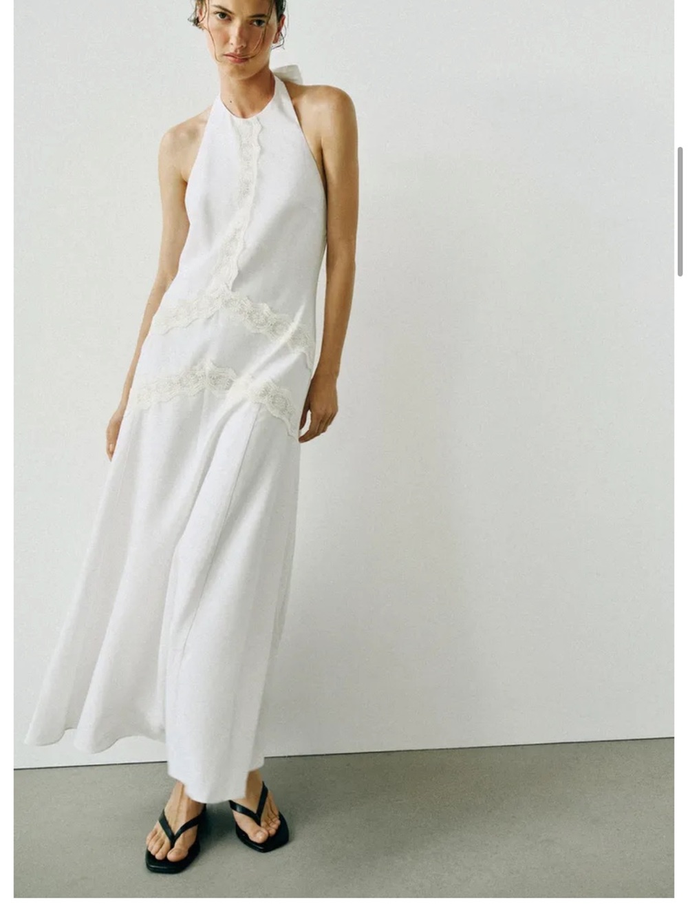 Zara White Backless Halter Maxi Dress with Lace Trim
